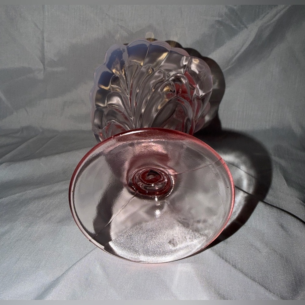 Pink Opalescent Glass Vase, Decorative, Scalloped Rim, Pedestal Base, 6.5" Tall - Picture 6 of 13
